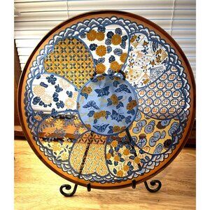 Large Glass Serving Plate w/ Blue Butterflies & Orange Flowers Asian Inspired